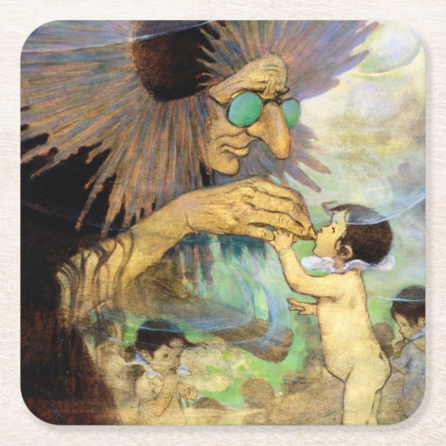 Posavasos Cuadrado De Papel Bebé de agua y hadas, Jessie Willcox Smith (Anverso)