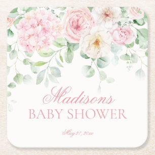Posavasos Cuadrado De Papel Bebé floral rosado en el Baby Shower Bloom Hydrang