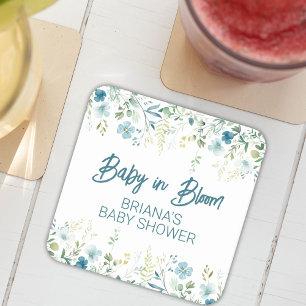 Posavasos Cuadrado De Papel Bebé Niño Flores Silvestres Turquesa Shower de Bab