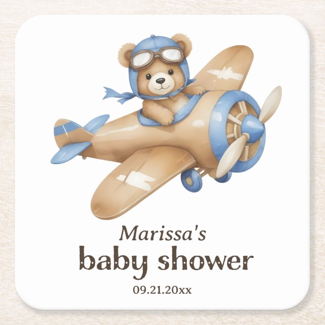 Posavasos Cuadrado De Papel Bebé niño piloto de oseos Teddy Bear Ducha Papel (Anverso)