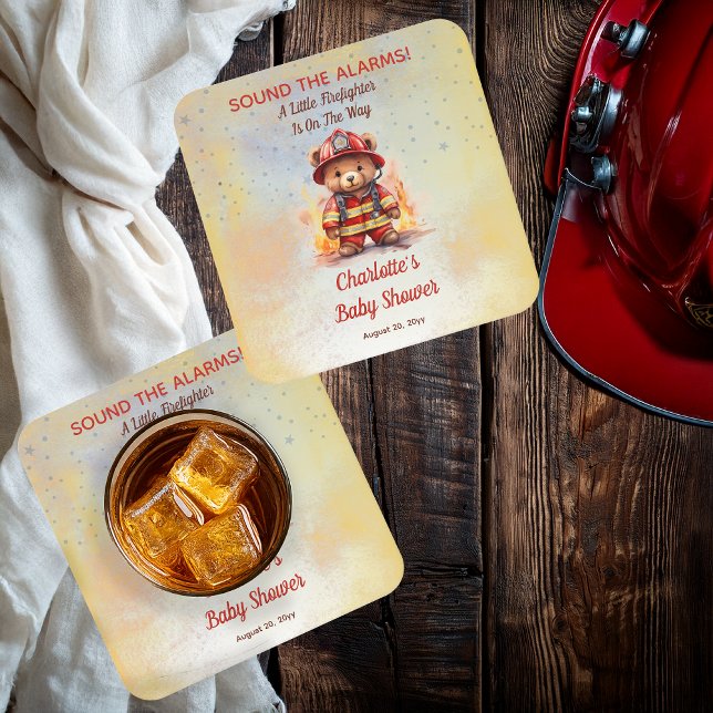 Posavasos Cuadrado De Papel Bebé Oso Bombero en la Fiesta de Cumpleaños (Sound the Alarms!  A Little Firefighter Is On The Way Cute Teddy Bear Baby Shower Paper Coaster)