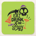 Posavasos Cuadrado De Papel Bebe y ten miedo de la fiesta verde de Halloween<br><div class="desc">Comer, beber y ser asustado está impreso en estas pesadas tipografías de papel con una divertida tipografía con un vaso de vino, cráneo, cuchillo atemorizante, pizza y dulces. Gran diversión para su fiesta o como regalo de azafata. CAMBIA el color de fondo verde limón para que se ajuste a tu...</div>