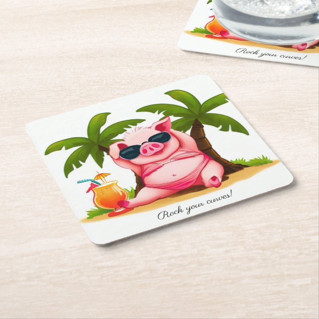 Posavasos Cuadrado De Papel Beber de cerdo en bikini (En perspectiva)