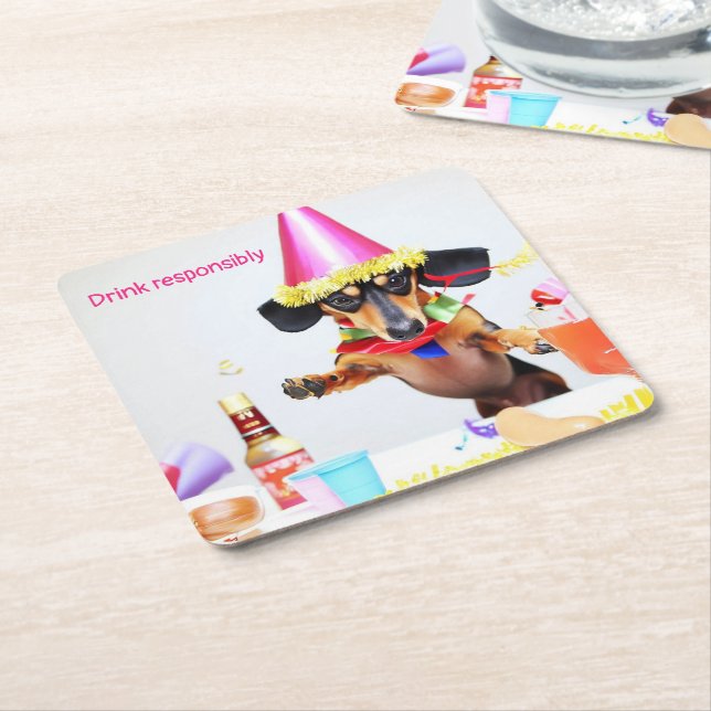 Posavasos Cuadrado De Papel Beber Fiesta Dachshund (En perspectiva)