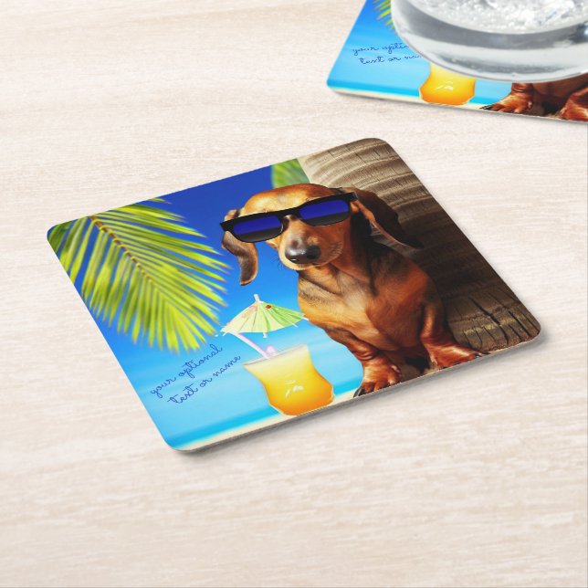 Posavasos Cuadrado De Papel Beber Fiesta Dachshund Tropical (En perspectiva)