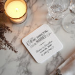 Posavasos Cuadrado De Papel Beber y casarse con un Boda negro monograma<br><div class="desc">Las galletitas bodas presentan un elegante diseño de tipografía mixta blanca "Comer, beber y estar casados" con acentos de desplazamiento y un monograma personalizado que incluye el nombre de la novia y del novio y la fecha de boda. El color de fondo blanco se puede personalizar para coordinar con el...</div>