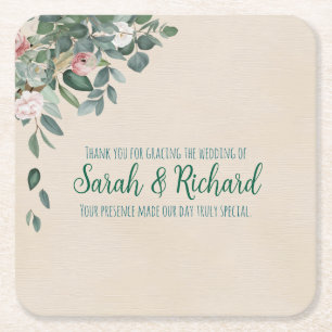 Posavasos Cuadrado De Papel Bebida de Boda floral Rubor Sage