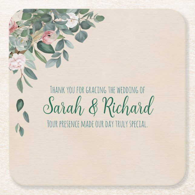 Posavasos Cuadrado De Papel Bebida de Boda floral Rubor Sage (Anverso)