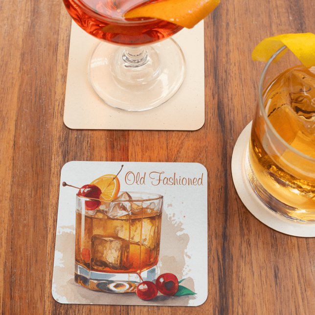 Posavasos Cuadrado De Papel Bebida de moda antigua con cerezas y Naranja (Subido por el creador)