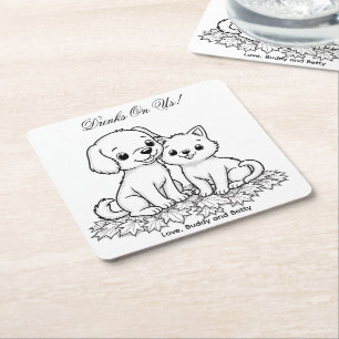 Posavasos Cuadrado De Papel Bebidas a nuestro cargo Dibujo simple de boda de p