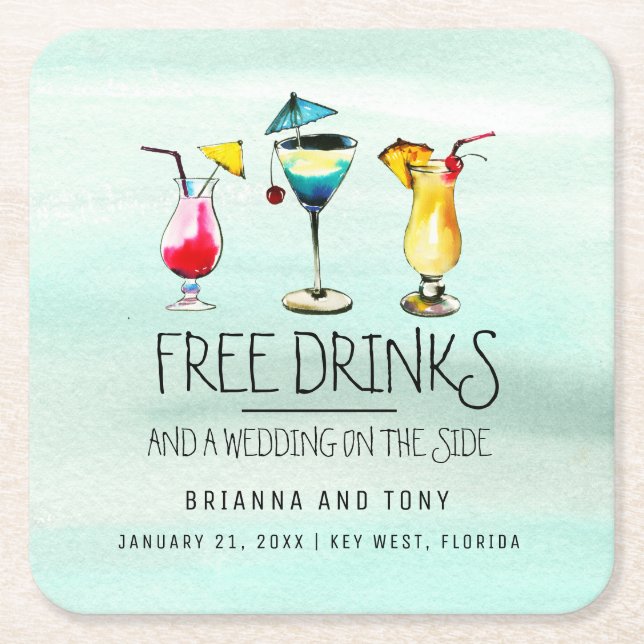 Posavasos Cuadrado De Papel Bebidas tropicales gratis salvan la fecha (Anverso)