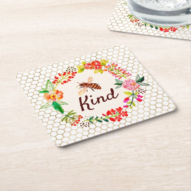 Posavasos Cuadrado De Papel Bee amable floral (En perspectiva)