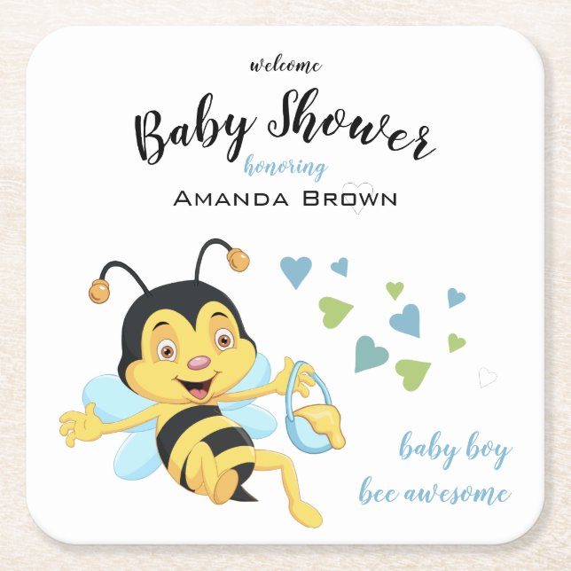 Posavasos Cuadrado De Papel Bee Awesome Baby Shower | (Anverso)