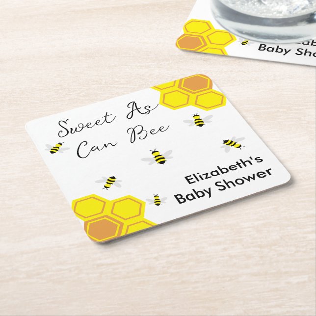 Posavasos Cuadrado De Papel Bee Baby Shower (En perspectiva)