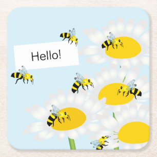 Posavasos Cuadrado De Papel Bee on Flower Coaster - Fondo azul
