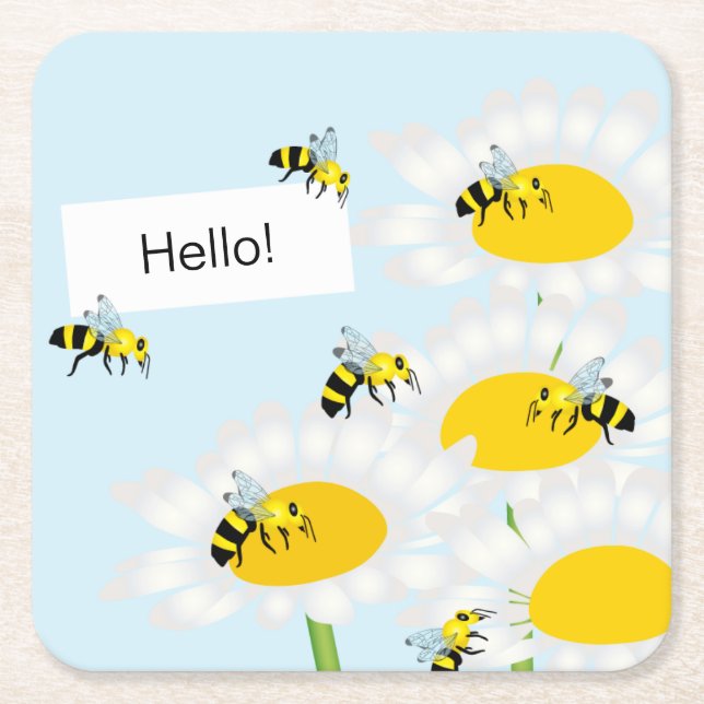 Posavasos Cuadrado De Papel Bee on Flower Coaster - Fondo azul (Anverso)