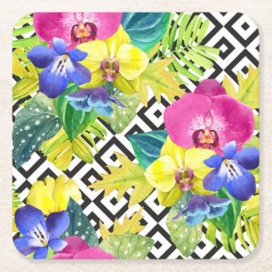 Posavasos Cuadrado De Papel Begonia y hojas de palma de la orquídea