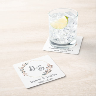 Posavasos Cuadrado De Papel Beige and Blue Floral Custom Name Elegant 