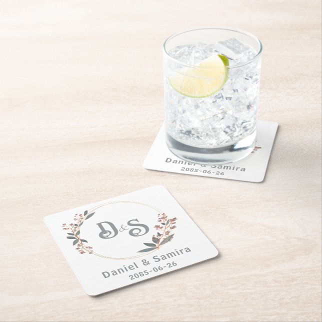 Posavasos Cuadrado De Papel Beige and Blue Floral Custom Name Elegant  (In situ)