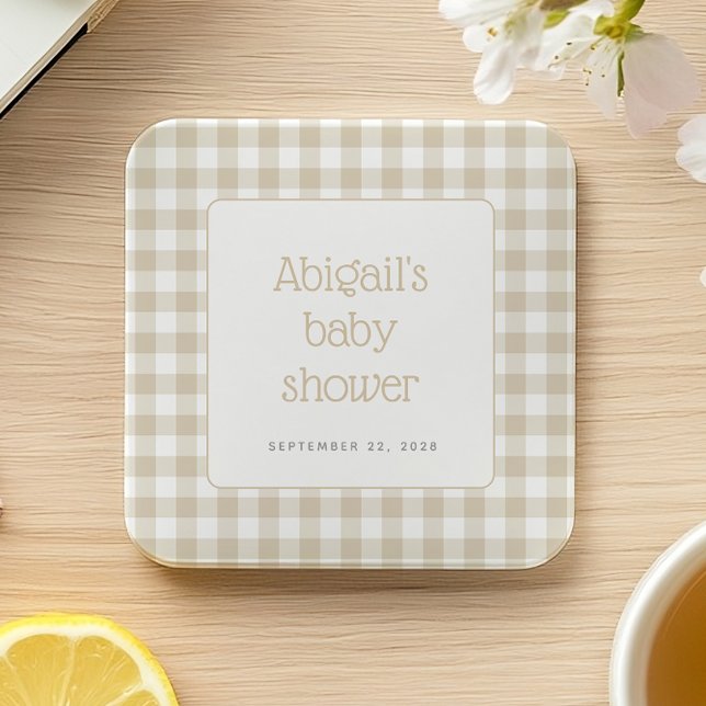 Posavasos Cuadrado De Papel Beige Gingham Check Rustic Baby Shower (Subido por el creador)
