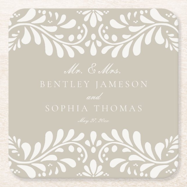 Posavasos Cuadrado De Papel Beige Talavera Tile Estilo español Fiesta Boda (Anverso)