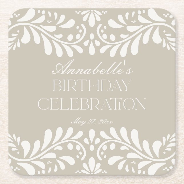 Posavasos Cuadrado De Papel Beige Talavera Tile Fiesta fiesta de cumpleaños (Anverso)
