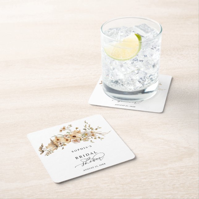 Posavasos Cuadrado De Papel Beige Wild Flowers Bridal Shower (In situ)