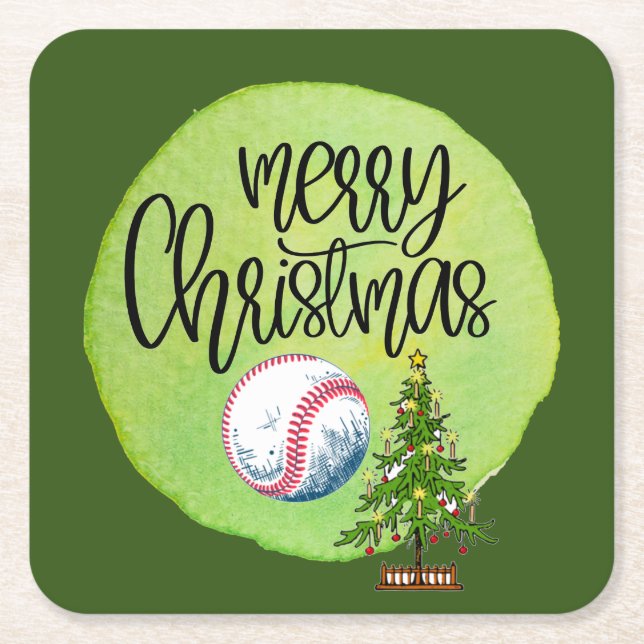 Posavasos Cuadrado De Papel Béisbol Feliz Navidad con bola y árbol  (Anverso)