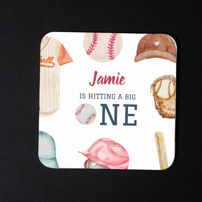 Posavasos Cuadrado De Papel Béisbol Gran Un Niño Primer Cumpleaños (Hitting a Big One Baseball 1st Birthday Coaster)