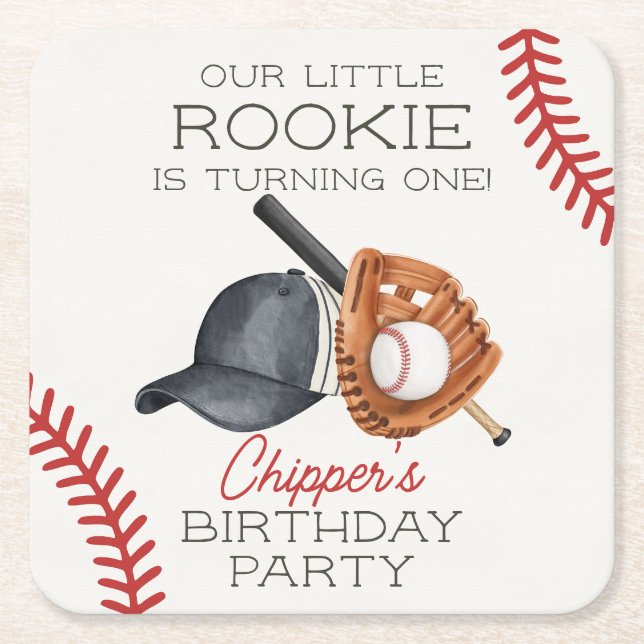 Posavasos Cuadrado De Papel Béisbol Little Rookie Home Run Birday (Anverso)