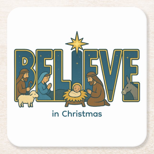 Posavasos Cuadrado De Papel Believe nativity  (Anverso)