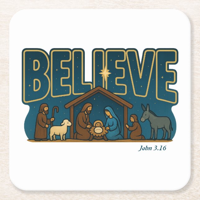 Posavasos Cuadrado De Papel Believe Nativity (Anverso)