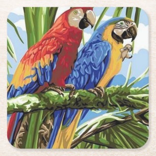 Posavasos Cuadrado De Papel Bella Artes de loros coloridos