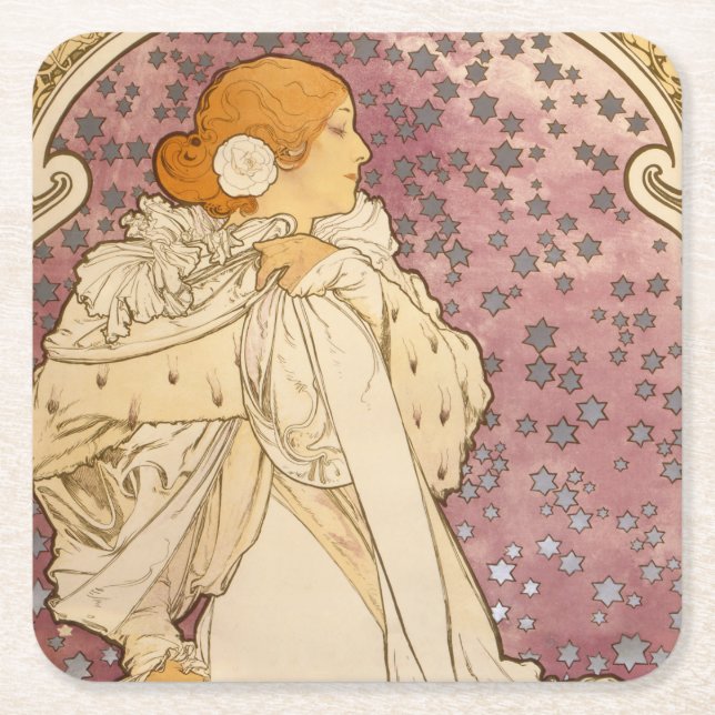 Posavasos Cuadrado De Papel Belleza de mujer mucha Art Nouveau (Anverso)