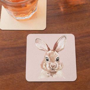 Posavasos Cuadrado De Papel Belleza moderna Pastel color de agua rosa Bunny Ag