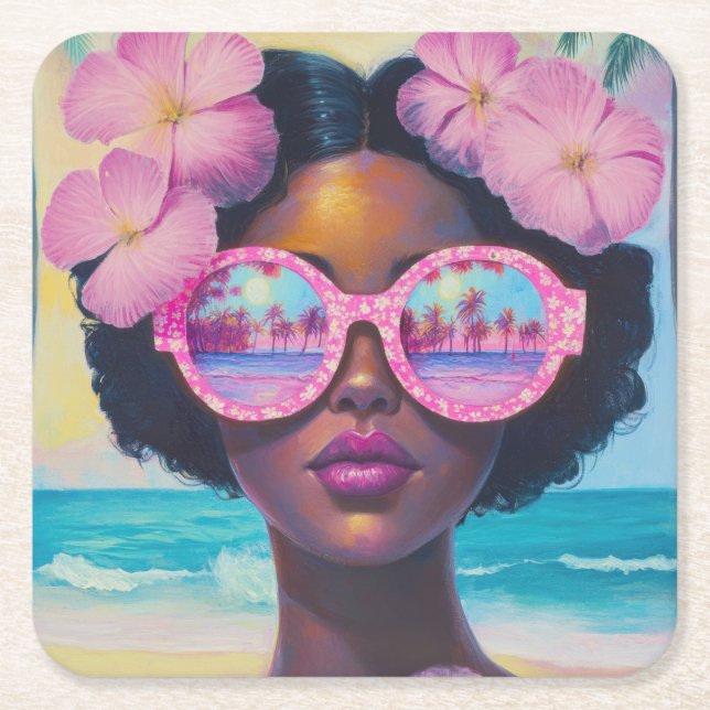 Posavasos Cuadrado De Papel Belleza tropical en tonos rosados (Anverso)