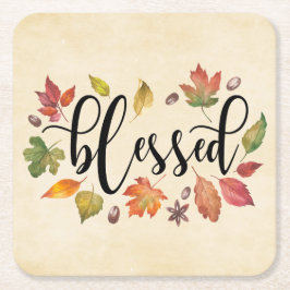 Posavasos Cuadrado De Papel Bendecidos En Caligrafía Negra Y Hojas De Otoño