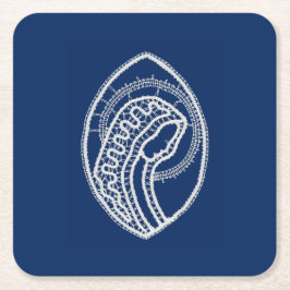 Posavasos Cuadrado De Papel Bendita Virgen María, encaje blanco, azul marino