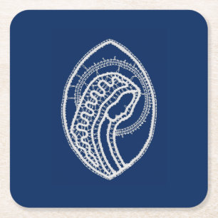 Posavasos Cuadrado De Papel Bendita Virgen María, encaje blanco, azul marino