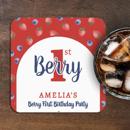 Posavasos Cuadrado De Papel Berry 1er cumpleaños Fiesta Strawberry Blueberry R
