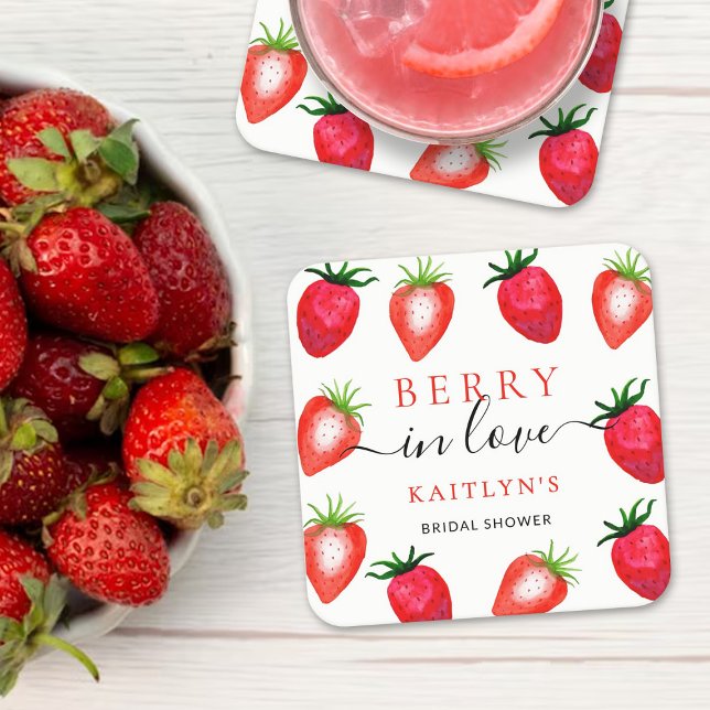 Posavasos Cuadrado De Papel Berry In Love Strawberry Bridal Shower (Subido por el creador)