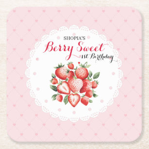 Posavasos Cuadrado De Papel Berry Sweet 1er cumpleaños