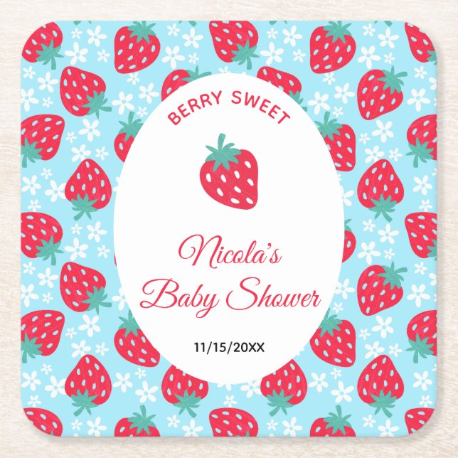 Posavasos Cuadrado De Papel Berry Sweet Blue Strawberry Baby Shower (Anverso)