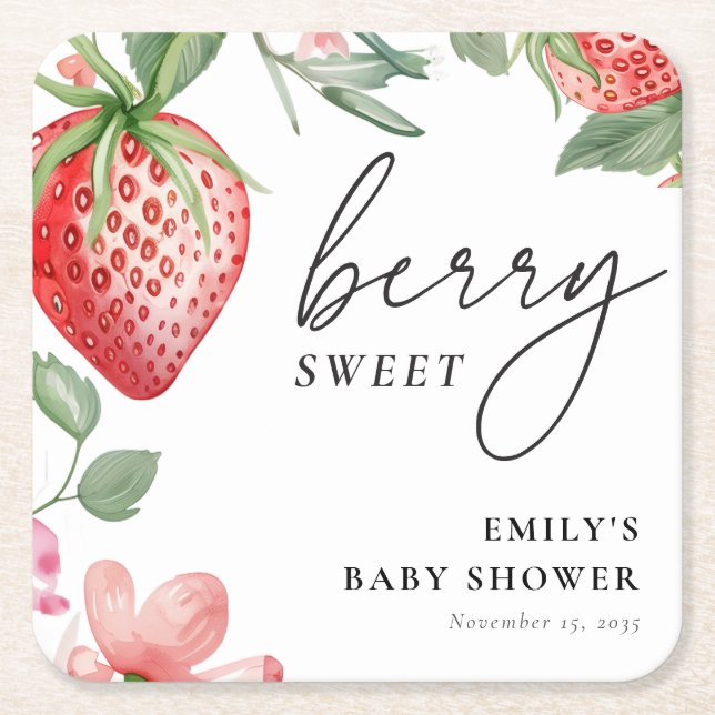 Posavasos Cuadrado De Papel Berry Sweet Floral Baby Shower (Anverso)