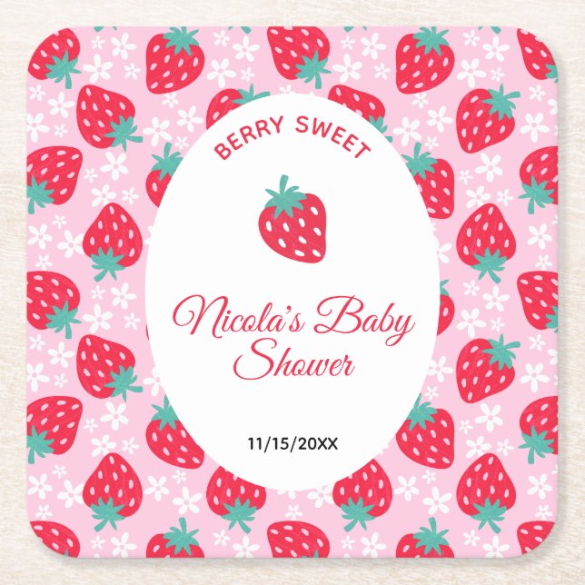 Posavasos Cuadrado De Papel Berry Sweet Pink Strawberry Baby Shower (Anverso)