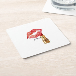 Posavasos Cuadrado De Papel Beso de Labios Rojo Glam Lipstick