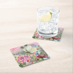 Posavasos Cuadrado De Papel Besos de mariposa coloridos entre flores silvestre