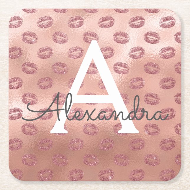 Posavasos Cuadrado De Papel Besos de pintalabios de oro rosado de rosa Monogra (Anverso)