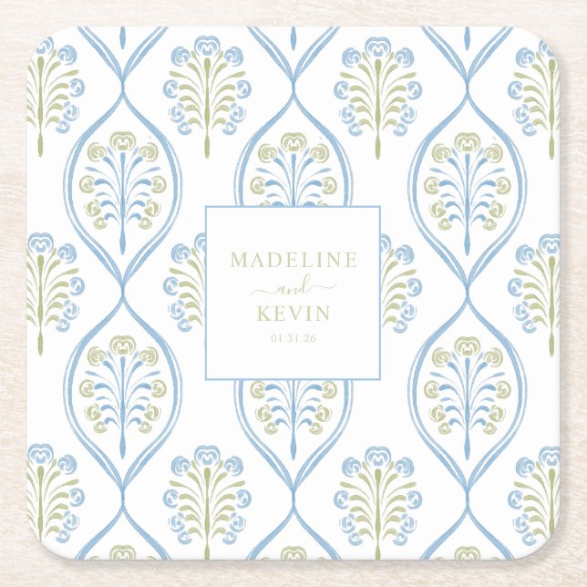 Posavasos Cuadrado De Papel Bespoke Blue and Green Floral Wedding Pattern (Anverso)