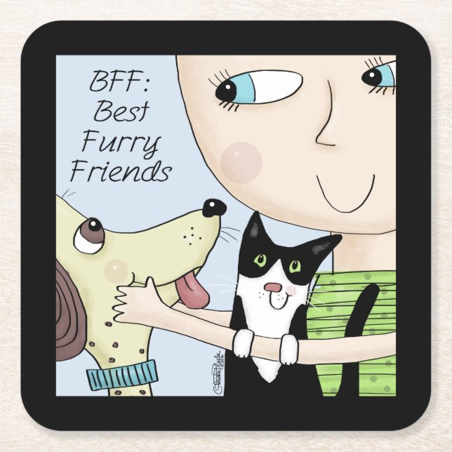 Posavasos Cuadrado De Papel BFF: Mejor amigo-persona con perro y gato (Anverso)